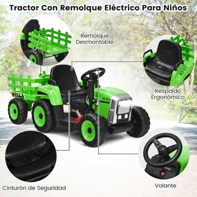 Trator elétrico para crianças 12V com reboque removível e controle remoto com 3 velocidades/luz/música para 3+ anos Carga 30 kg Verde