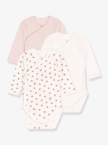 Lote de 3 bodies cruzados de mangas compridas, da Petit Bateau branco estampado