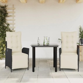 3 pcs conjunto de jantar p/ jardim c/ almofadões vime PE preto