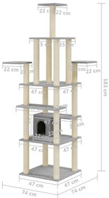 Árvore p/ gatos c/ postes arranhadores sisal 183 cm cinza-claro