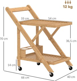 Carro de serviço de cozinha em bambu  66 x 40 x 70 cm, dobrável, com 2 tabuleiros, 4 rodas e 3 compartimentos para garrafas de vinho,, madeira natural