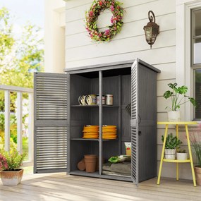 Armário de Jardim 0,83 m² 127x65x168 cm com 2 Portas de Persiana 2 Estantes e Telhado Impermeável Cinza