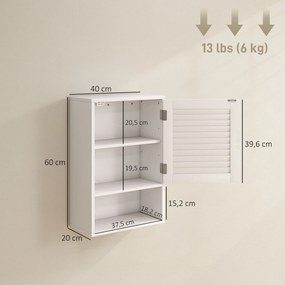 Armário de parede para casa de banho 40x20x60 cm com porta de ripas, prateleira ajustável e compartimento aberto, branco