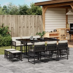 11 pcs conjunto de jantar p/ jardim c/ almofadões vime PE preto