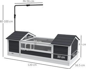 Recinto exterior para tartarugas com 2 compartimentos abertos e suporte para lâmpada ajustável, em madeira maciça, 120 x 56,5 x 43 cm, cinzento
