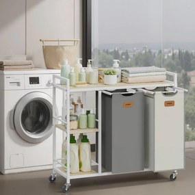 Carrinho para roupa suja com 2 compartimentos e arrumação 87 x 33 x 80,5 cm bege + cinzento + branco