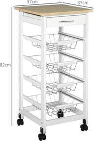 Carrinho de cozinha  37 x 37 x 82 cm com rodas e vários compartimentos: 4 cestos de metal + gaveta de pinho,, branco