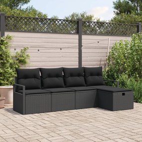 Conjunto de Sofá de Jardim vidaXL de 5 Peças com Almofadas Preto Vime