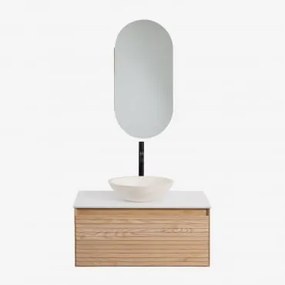 Conjunto De Móvel De Casa De Banho Suspenso 80x50 Cm Em Madeira De Freixo Tedrik Castanho Fresno & Cimento Redondo Branco Ø40 Cm Zavion & - Sklum