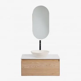 Conjunto De Móvel De Casa De Banho Suspenso Em Madeira De Freixo Tedrik Castanho Fresno & Cimento Redondo Branco Ø40 Cm Zavion & - Sklum