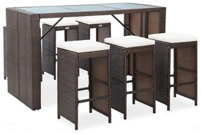 vidaXL 7 pcs conjunto bar para jardim c/ almofadões vime PE castanho