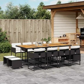 vidaXL 13 pcs conjunto de jantar p/jardim com almofadões vime PE preto