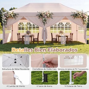 Tenda de Jardim Dobrável com 6 pesos, 600 x 300 x 310 cm, Paredes Laterais Removíveis, Bege