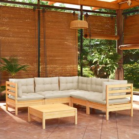 6 pcs conjunto lounge jardim c/ almofadões creme pinho maciço