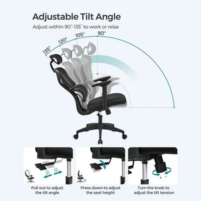 Cadeira de escritório com encosto e design ergonómico regulável Preta