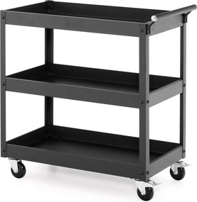 Carrinho de metal multifuncional 77,5 x 38 x 79 cm com 3 prateleiras e pega ergonómica Rodas para escritório ou garagem Preto