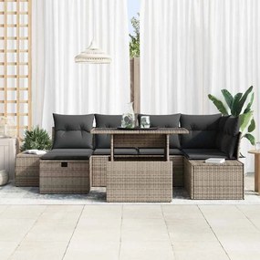 Conjunto de sofá de jardim 7 peças com almofadas cinzas em rattan sint