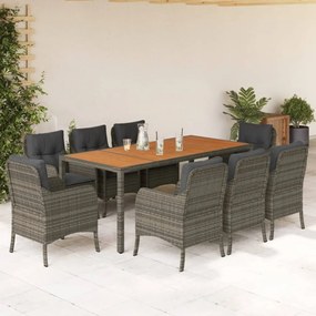 vidaXL 9 pcs conjunto de jantar p/ jardim c/ almofadões vime PE cinza