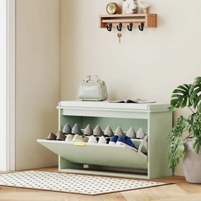 Banco Sapateira com Assento Acolchoado Gaveta Rebatível Prateleira Ajustável para Entrada ou Quarto 80x26x47,5 cm Verde Claro