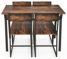 Conjunto de móveis de cozinha de 5 peças com mesa de jantar retangular industrial 4 cadeiras Estante para arrumação e estrutura metálica Castanho rúst