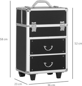 Mala de Maquilhagem Professional com Rodas 6 Gavetas Extensíveis Fechadura 2 Chaves e Alça Retrátil 36x23x58cm Preto