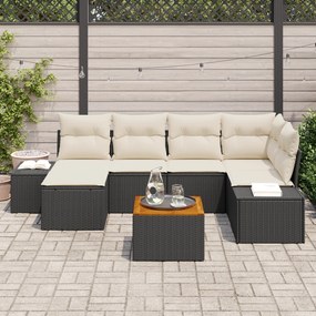 Conjunto de Sofá de Jardim de 7 Peças com Almofadas Preto Rattan Poli