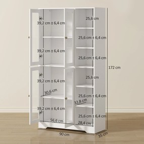 Armário cozinha  90 x 35 x 172 cm, aparador com vitrina e 4 portas com fecho suave em vidro temperado, branco