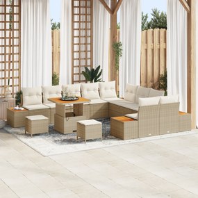 Conjunto de Sofá de Jardim de 13 Peças com Almofadas Bege Rattan Polié