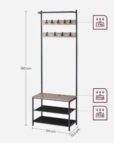 Bengaleiro entrada com 9 ganchos 32,2 x 64 x 180 greige-preto
