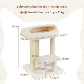 Arranhador para gatos com cama acolchoada, plataforma de salto e postes de sisal para arranhar para espaços pequenos 47,5 x 47,5 x 61 cm Branco