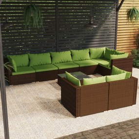 vidaXL 9 pcs conjunto lounge jardim c/ almofadões vime PE castanho