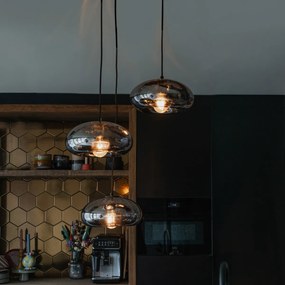 Candeeiro de suspensão Art Deco preto com vidro fumê redondo 3-luzes - Ayesha