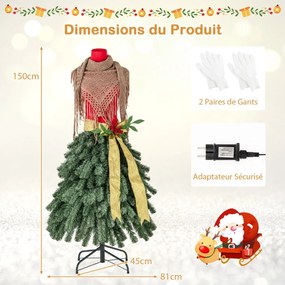Árvore de Natal artificial pré-iluminada de 150 cm em formato de saia de manequim, 465 pontas de galhos, 50 bolas de LED, 36 pinhas