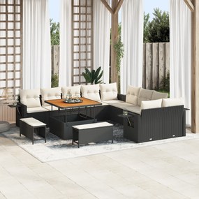Conjunto de Sofá de Jardim de 13 Peças com Almofadas Preto Rattan Sintético Acácia