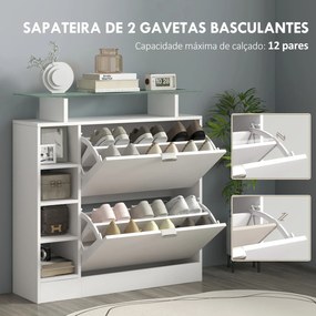 Sapateira com Gavetas Basculantes, Prateleiras Ajustáveis e Prateleiras Abertas para 12 Pares de Sapatos 89x25x92 cm Branco