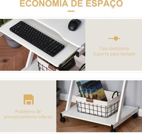 Mesa de Computador com Rodas 60x48 cm com Gaveta Deslizante para Teclado e Prateleira Inferior Estrutura Metálica Branca