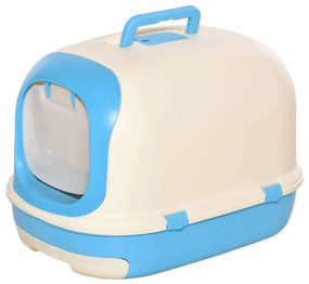 PawHut Caixa de Areia para Gatos com Alça de Transporte Duplo Fundo Bandeja Removível Pá e Filtro de Carvão Ativo 63x43x43cm Azul