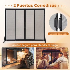 Proteção frontal para lareira  96 x 79 cm  com portas deslizantes e corta-fogo independente com tela metálica fácil de montar Preto