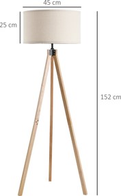 Candeeiro de pé com três pés, 40 W máx., 45 x 45 x 152 cm, madeira de pinho e linho bege