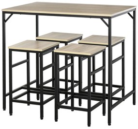 HOMCOM Conjunto de Mesa de Bar com 4 Bancos com Apoio para os Pés Conjunto de Móveis de 5 Peças Mesa de 100x60x88cm e Bancos de 32x32x57cm para Sala de Jantar Cozinha Preto e Carvalho