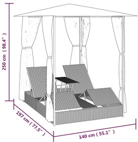 Espreguiçadeira dupla com toldo e cortinas vime PE castanho