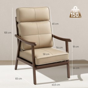 Poltrona de Sala de Estar Estofada em PU com Estrutura de Madeira Almofadas Acolchoadas Poltrona de Leitura 63,5x83x105 cm Caqui
