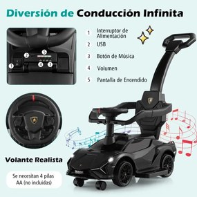 Carrinho de bebé deslizante 3 em 1 com corrimão e guiador amovíveis Música e faróis Rodas Carrinho de bebé Preto