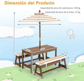 Mesa de piquenique jardim para crianças com guarda-sol com almofadas Castanho