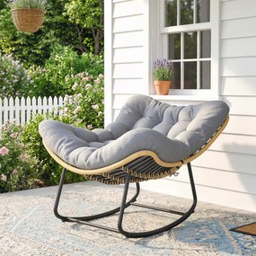 Cadeira de baloiço de jardim para interior e exterior, cadeira de baloiço em resina trançada com almofada macia, cinzenta