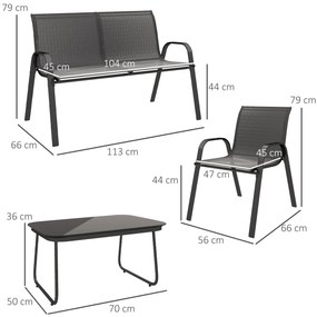 Conjunto de Jardim Exterior 4 Peças com 2 Cadeiras Empilháveis 1 Sofá de 2 Lugares e Mesa de Centro com Bancada de Vidro Temperado Preto