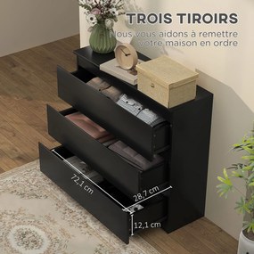 Cómoda com 3 gavetas 80 L x 39 P x 73 A cm, móvel de arrumação de linhas simples para o quarto, interior, preto