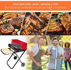Outsunny Churrasqueira a carvão portátil e dobrável com 2 rodas Churrasqueira com Altura Ajustável para Camping Picnic Beach 57x64x83 cm Vermelho e Preto