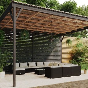 vidaXL 13 pcs conjunto lounge de jardim c/ almofadões vime PE preto