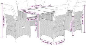 7 pcs conjunto de jantar p/ jardim c/ almofadões vime PE cinza